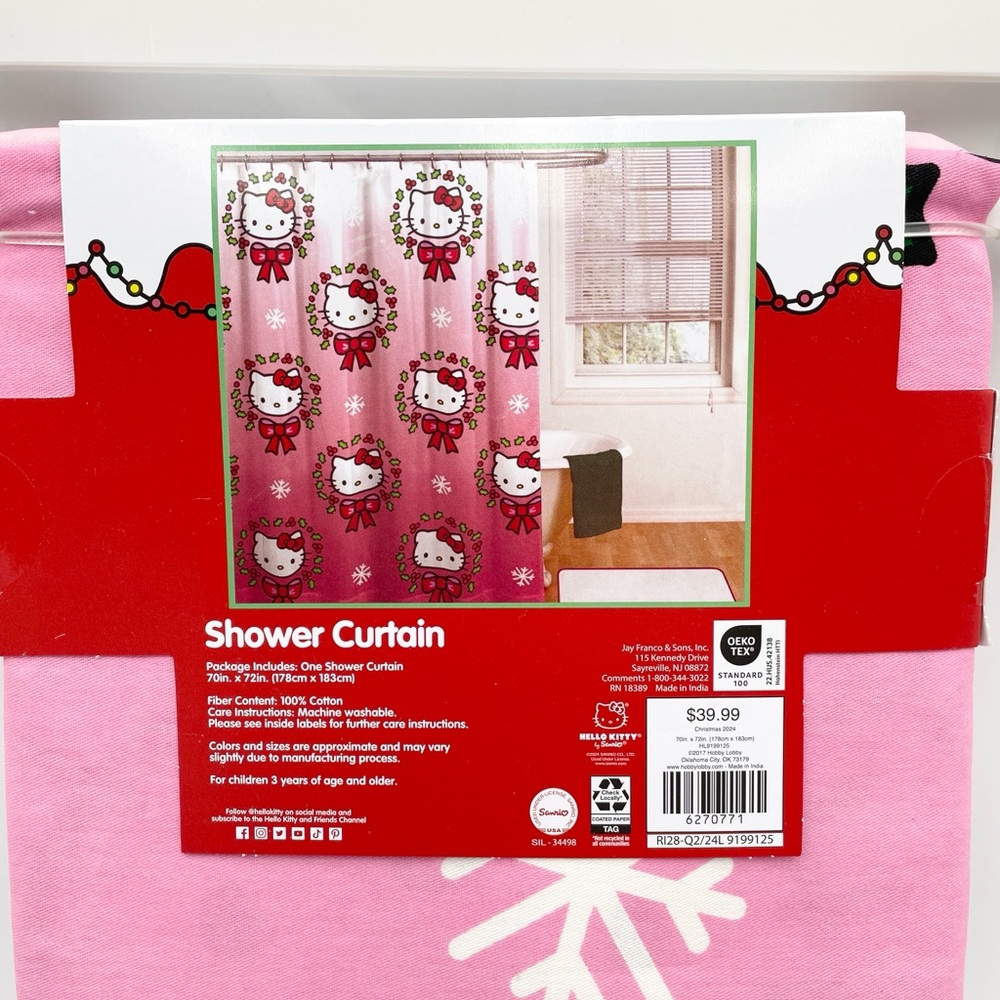Hello Kitty Christmas Holiday Pink Shower Curtain and Shower Curtain Hooks - Picture 4 of 7
